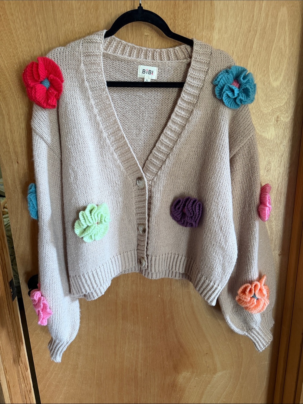 BiBi Beige Cropped Cardigan with Multicolor Knit Flower Appliqués